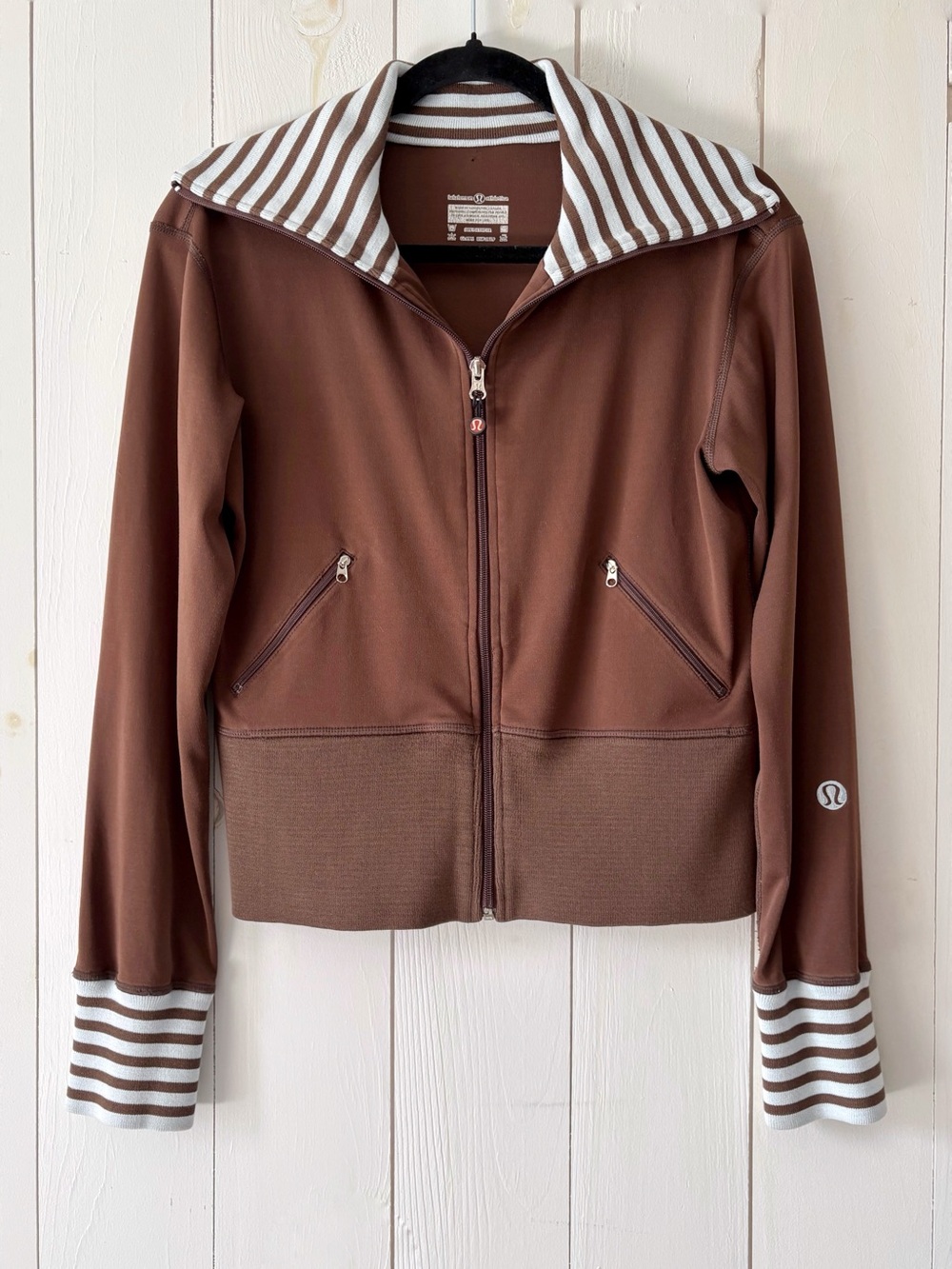 Lululemon Brown Zip Up Bomber Jacket with Striped Trim Size 8